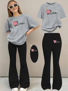 2pcs Girls' Summer Fashion Print Short Sleeve T-Shirt + Elastic Bell Pants Set, Casual Fitted for All Seasons, Outdoor Wear