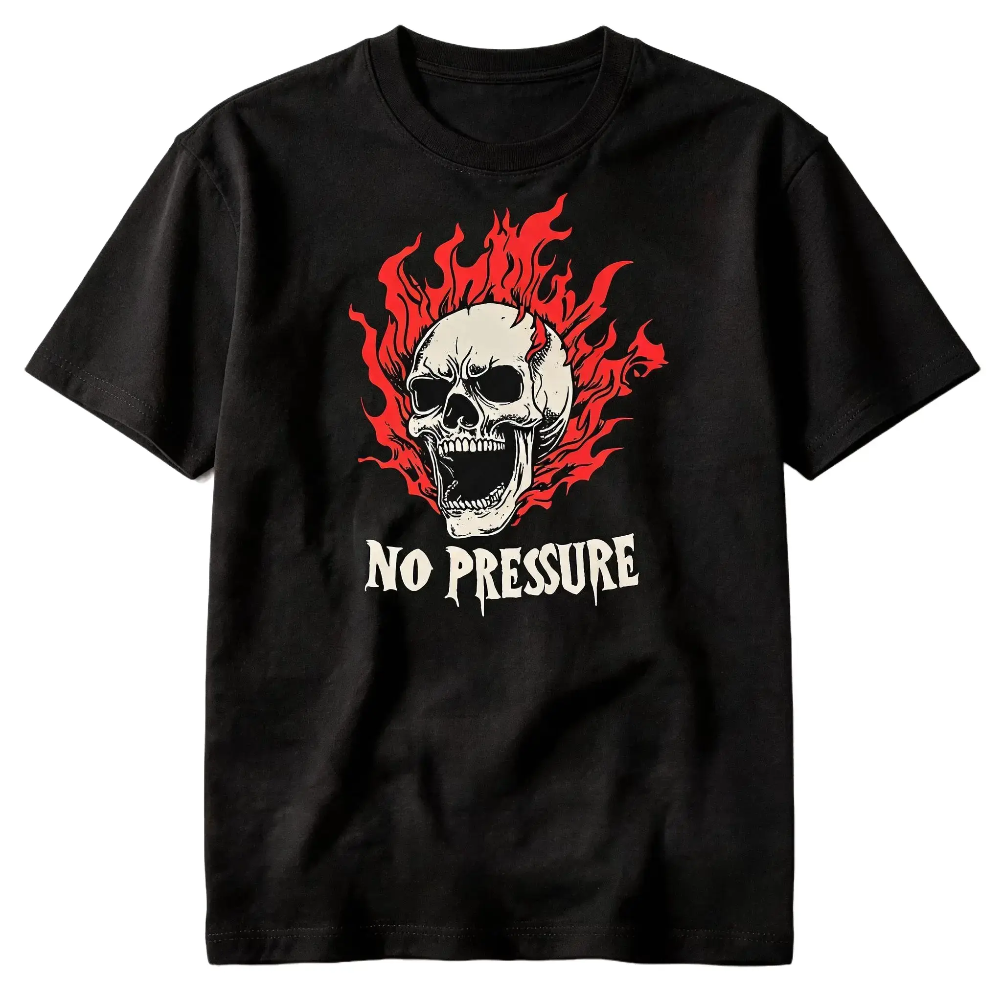 No Pressure Screaming Skull Red Flames Gothic Horror Graphic T-Shirt Dark Grunge Streetwear Unisex Cotton Short Sleeve Casual Tee