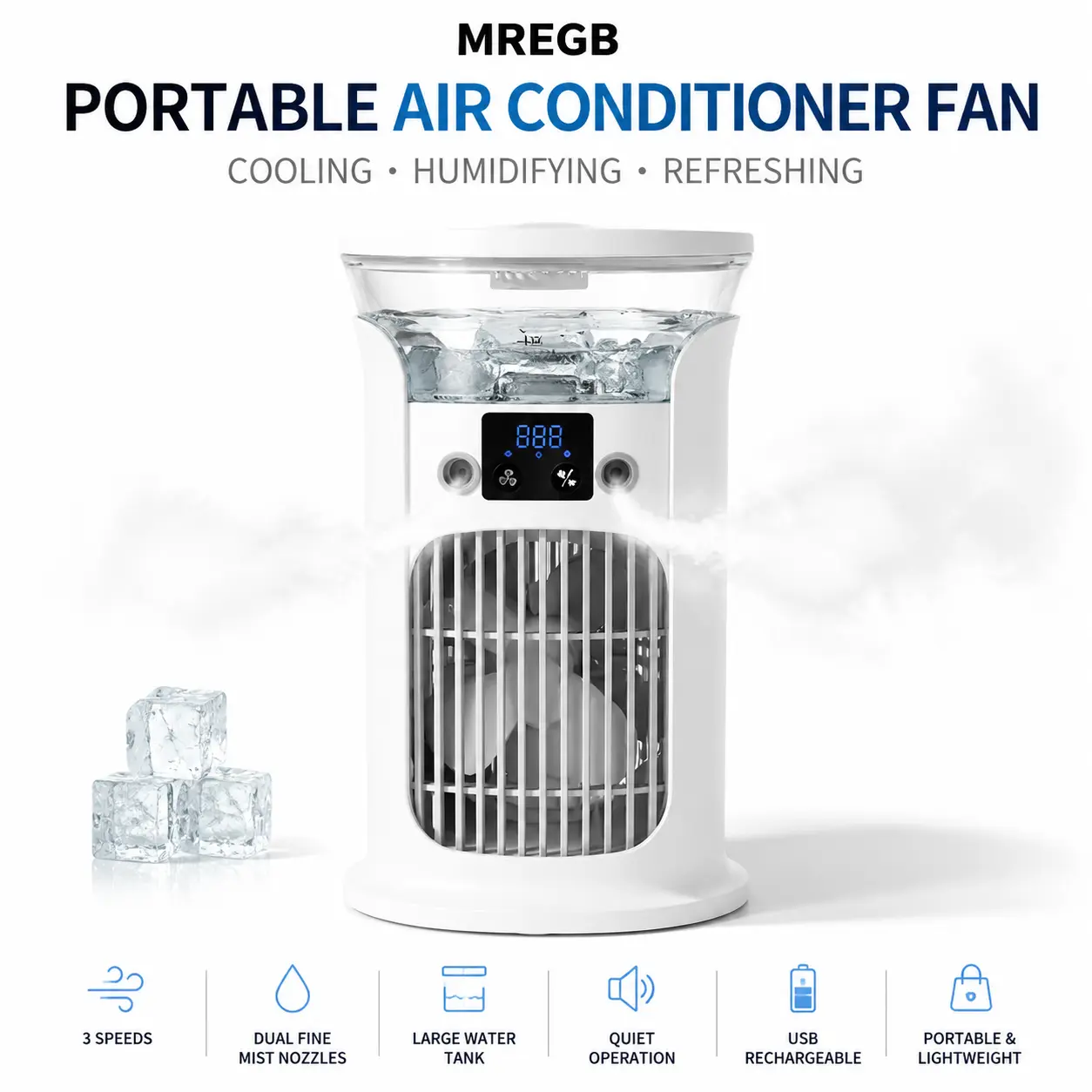 MREGB Portable Air Conditioner Fan USB Rechargeable Desktop Mist Fan Multifunctional Personal Air Cooler Humidifier Quiet Cooling Mobile Table Fan 3 Speeds Dual Fine Mist Nozzles Water Tank Digital Display Home Office Dorm Camping tiktokshopbacktoschool