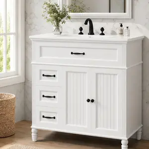 ARCH 36-Inch Freestanding Bathroom Vanity with Ceramic Sink, Solid Wood Frame & MDF, Soft-Close Drawers & Cabinet, Vintage White Floor Cabinet for Bathroom Storage, 18.5" D x 34.4" H, Two-Package Delivery, White Color Options, Color: White