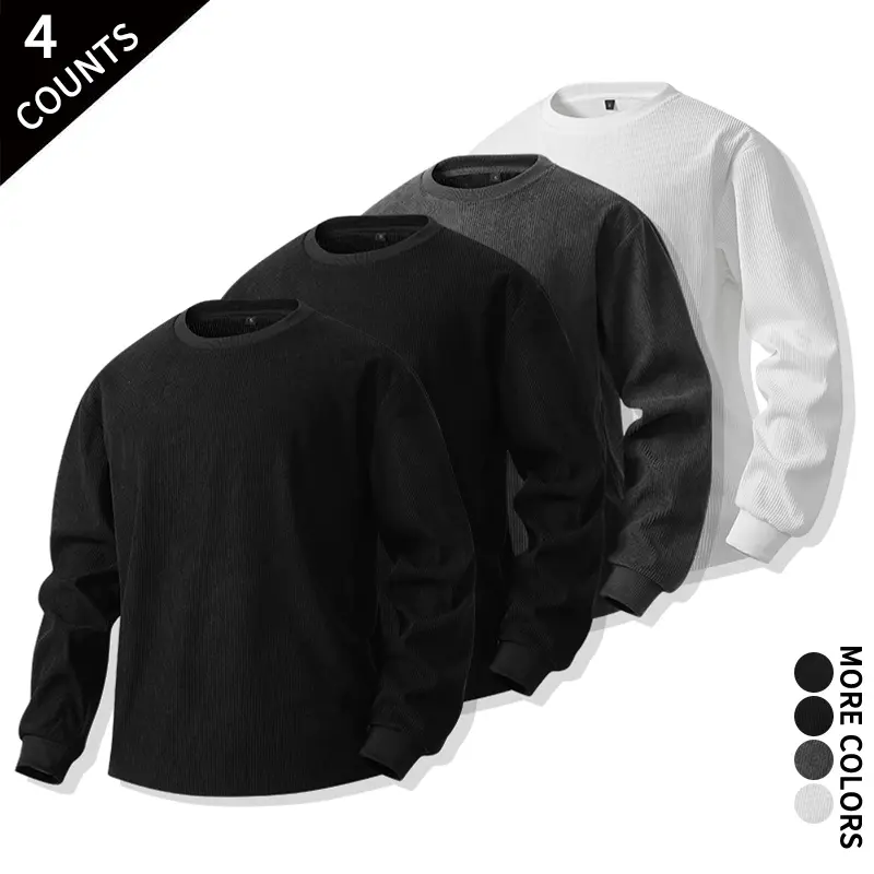 4 packs men’s vertical ribbed crew neck long sleeve T-shirts, loose layering basic inner tops for daily commute and autumn loungewear