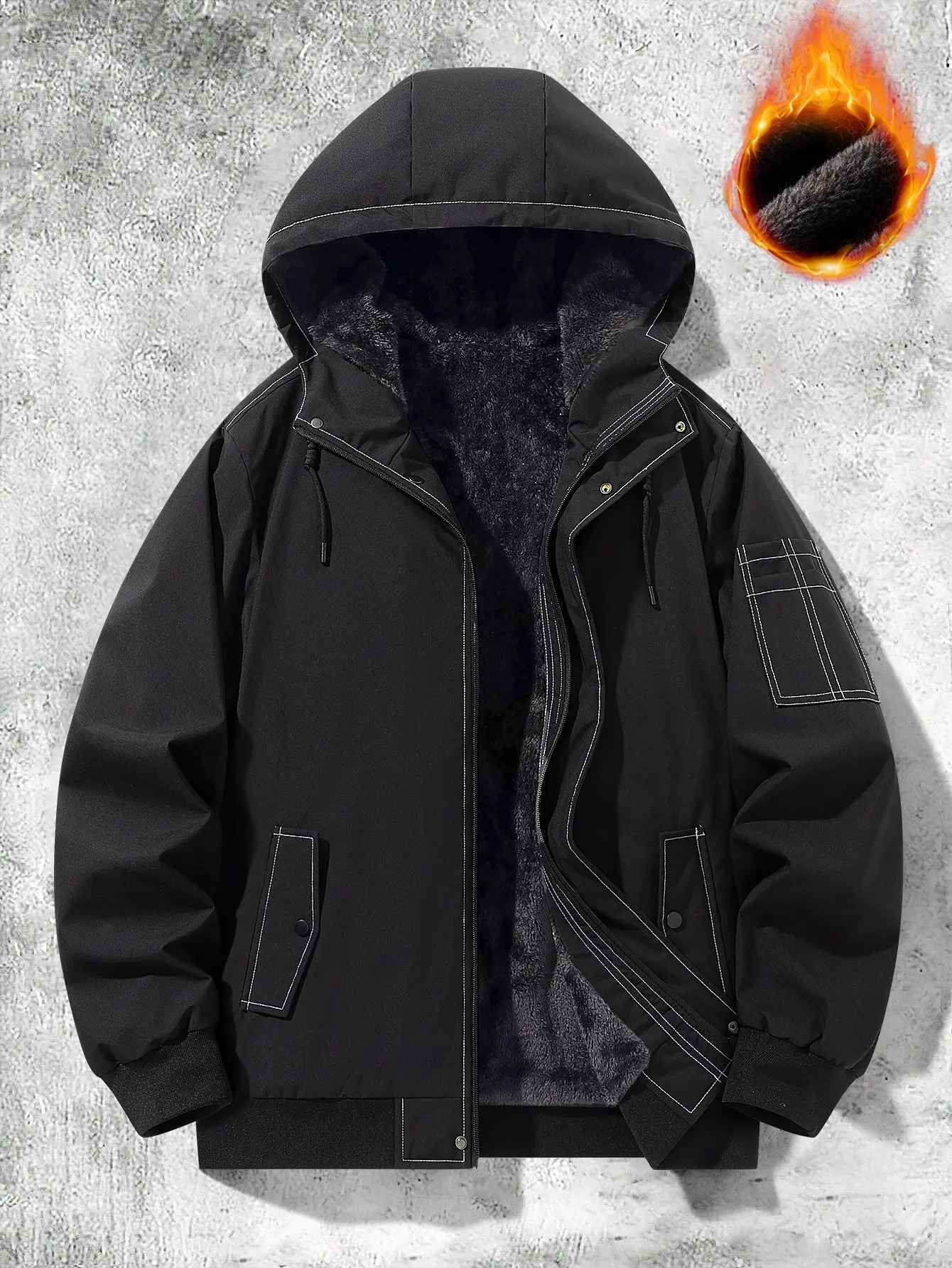 Men’s Stylish Plain Fleece-Lined Hooded Aviator Coat - Windproof, Insulated, Exposed-Seam Zip-Up Menswear Top for Autumn/Winter Outdoor Casual Wear, Coats