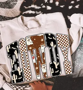 Howdy Sweatshirt, Western Ghost Halloween Pullover, Cowboy Checkered Fall Letters, Rustic Spooky Autumn Sweater