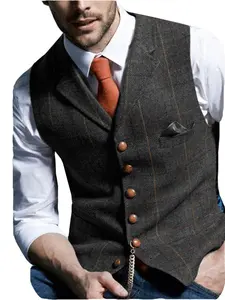 Men's Retro Tweed Vest Herringbone Wool-Polyester Blend Classic Formal & Casual Sleeveless Waistcoat Dress Fabric