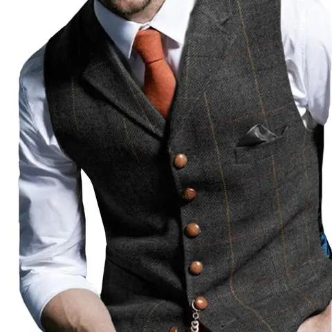 Men's Stylish Classic Button-Front Modest Retro Herringbone Tweed Waistcoat - Wool-Polyester Blend Sleeveless Menswear, With Pocket, For Office, Tie Pairing & Wedding Formal/Casual Shirts