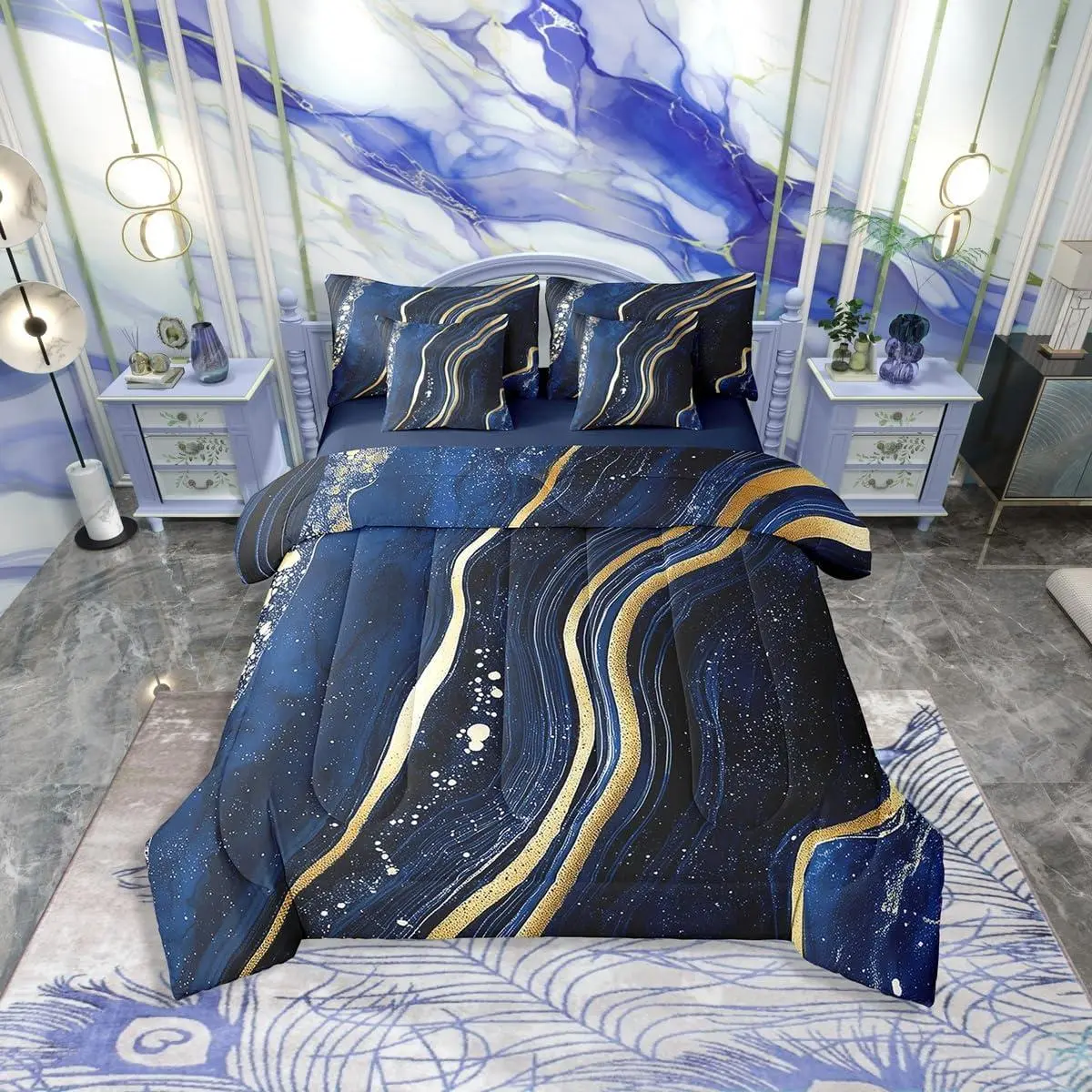 Feelyou King Size 7-Piece Comfy Bedding Set - Dark Blue & Gold Glitter Marble Liquid Stone Design Microfiber Bedding with Sheets, Breathable Blanket for Boys
