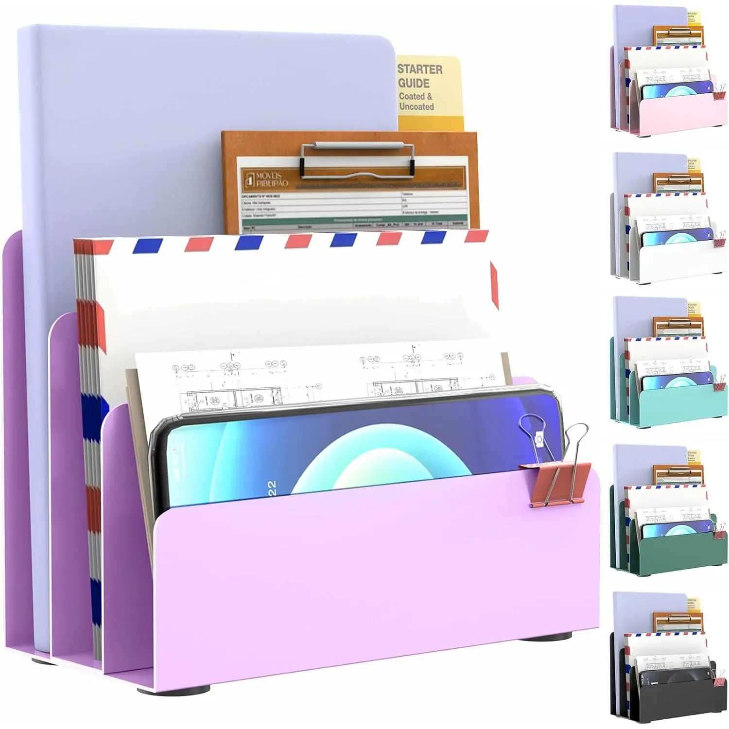 Mail Organizer Countertop, Small Desk File Organizer, Metal File Holder - Essential Workspace Organizers for Office Desk,  Office (Purple)
