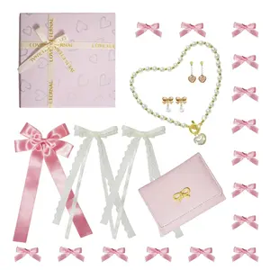 Gpurplebud Coquette Jewelry Stuff Set - Pink Bows Cute Wallet Set for Women 23PCS Coquette Pearl Bow Earrings Necklace Mini Pink Bows for HairCoquette Pink Accessories GiftsValentines Gift