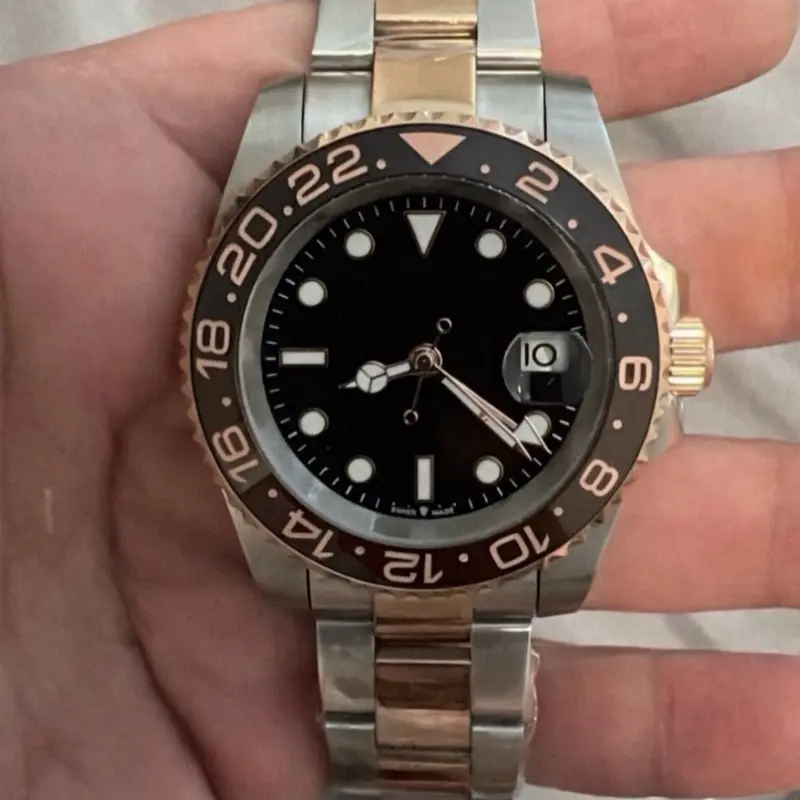 GMT Luxury Watch with Logo - Stainless Steel Band Rose Gold & Black Bezel - Precision Timepiece for Men