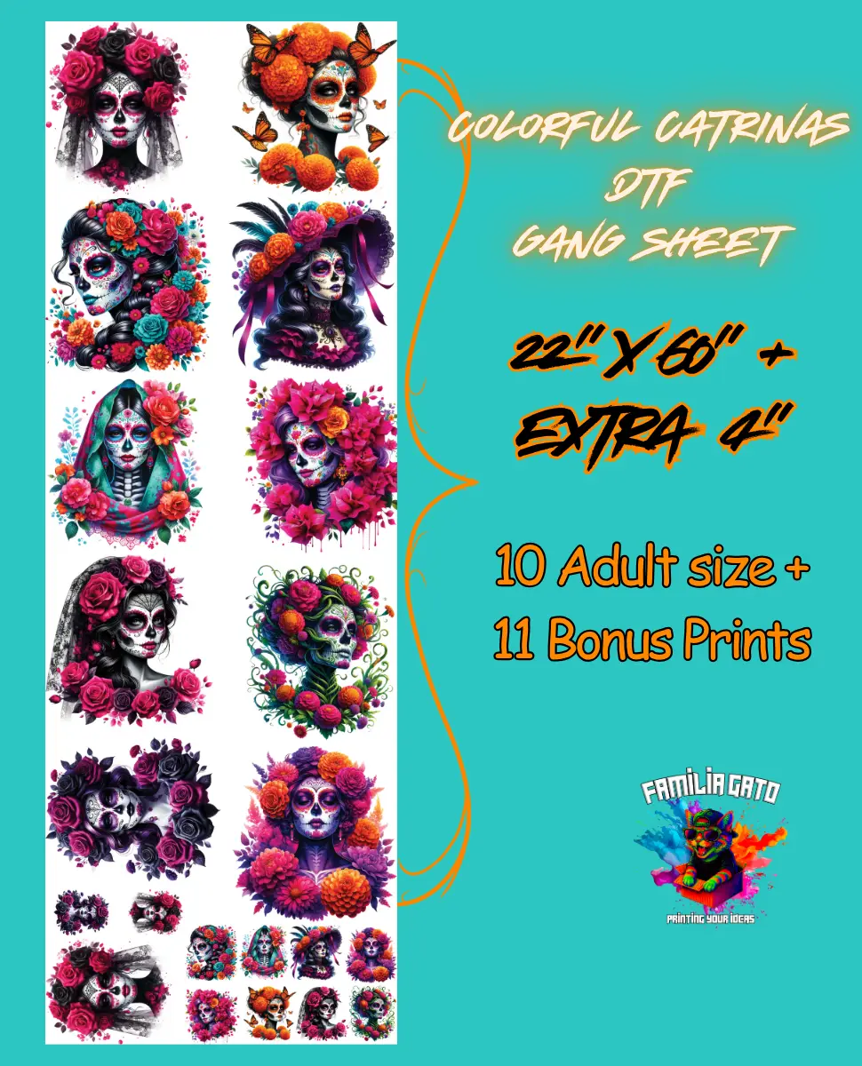 Colorful Catrinas Dia de los Muertos DTF Gang Sheet Craft Supplies - 22"x60" DIY Design Specialty Craft Supplies for Toys & Hobbies