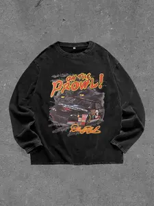 Men's Washed Vintage Round Neck Long Sleeve T-Shirt, Casual Fitted Design, Random Print Pattern, All Seasons Wear