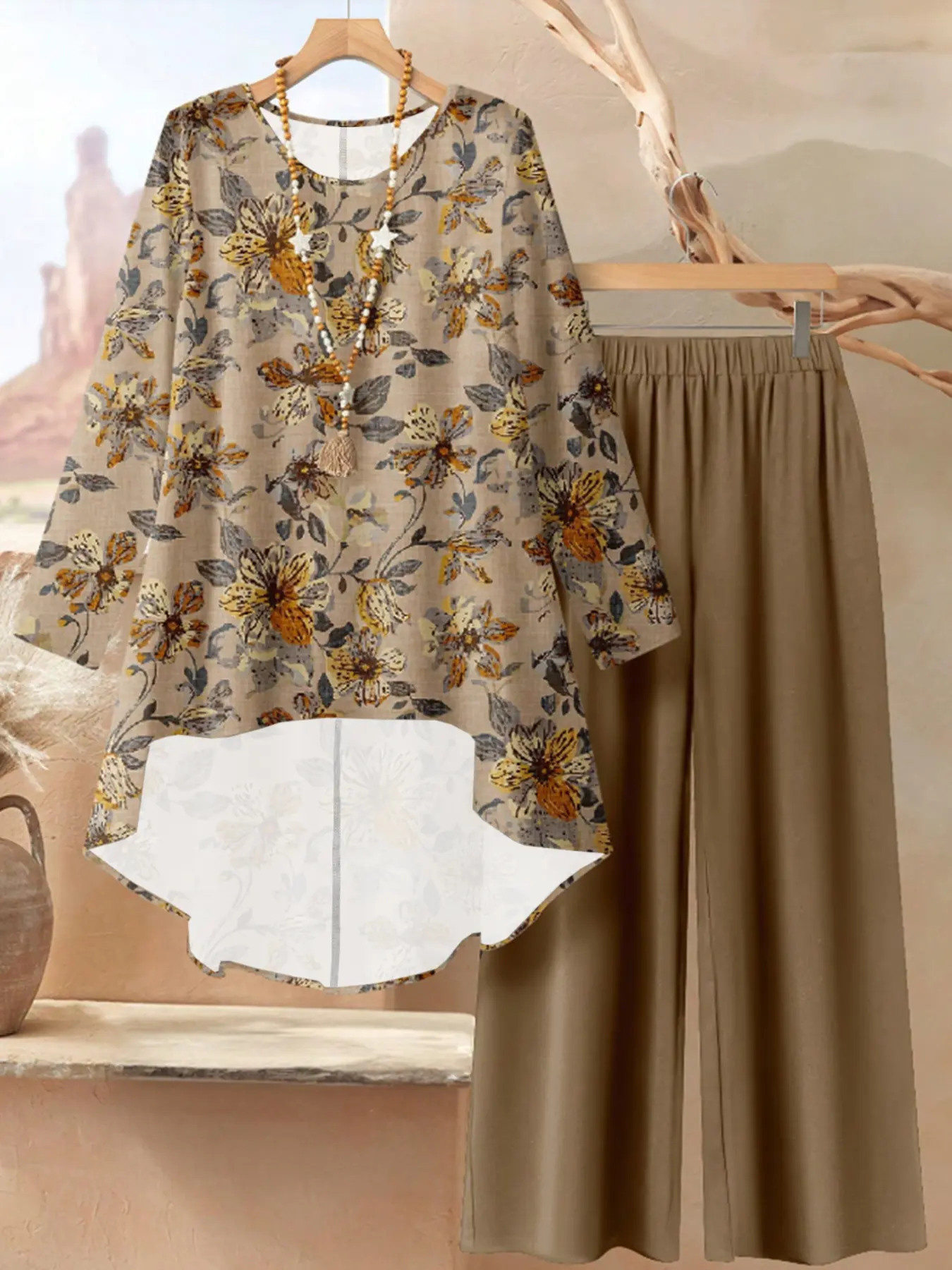 Elegant Plus Size Women's Floral Tunic Shirt & Solid Pants Set, Casual Fashion Top & Bottoms, Comfortable Fit for Daily Wear