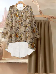 Elegant Plus Size Women's Floral Tunic Shirt & Solid Pants Set, Casual Fashion Top & Bottoms, Comfortable Fit for Daily Wear