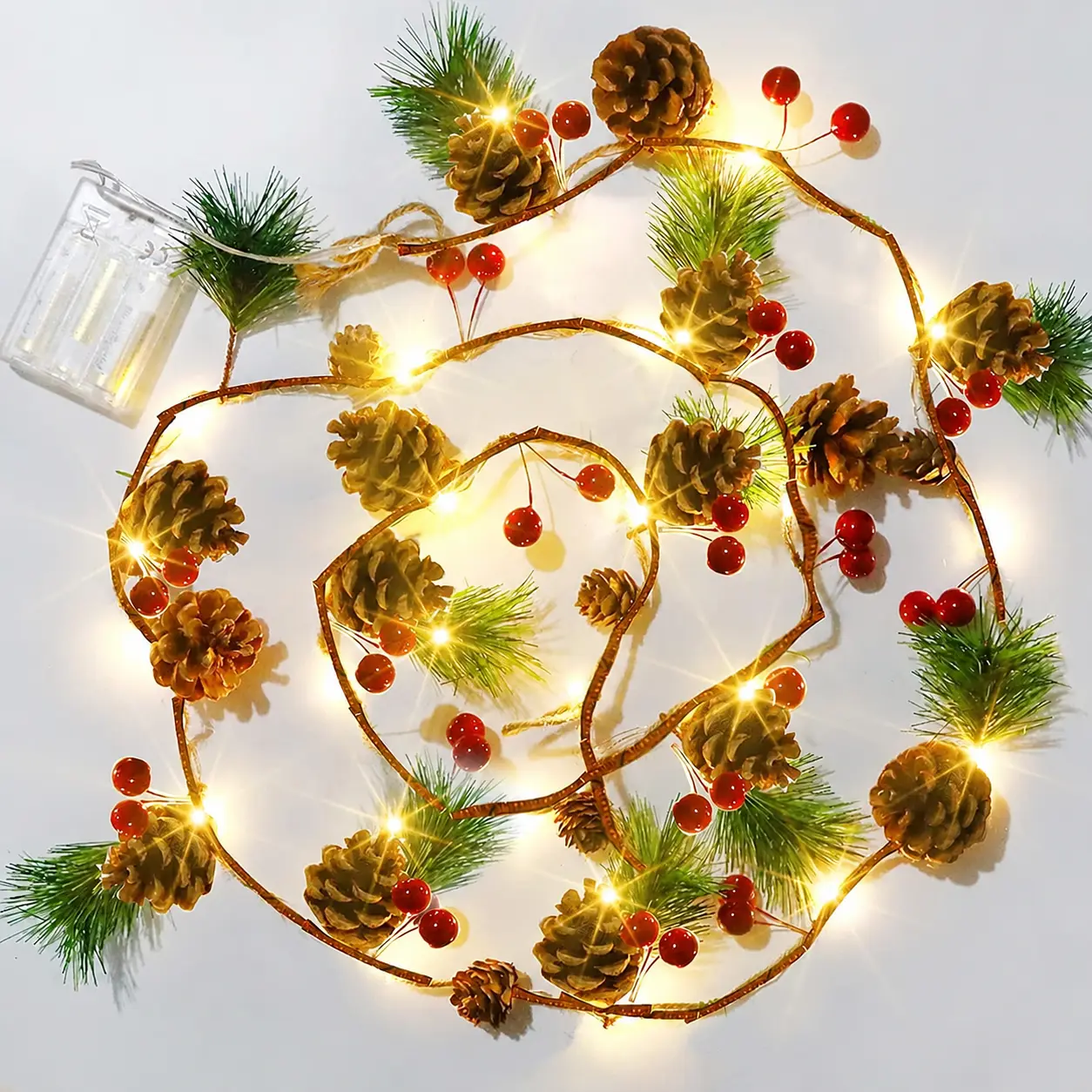 Christmas String Lights, Total 6.6FT 20LED Battery Operated Christmas Garland with Red Berry Pine Cone Fairy String Lights for Indoor Outdoor Xmas Decorations