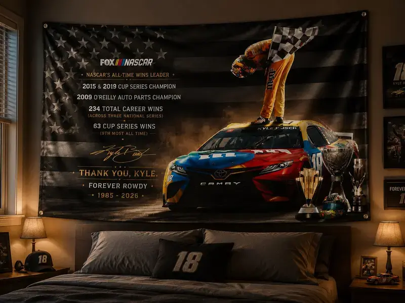Kyle Busch Forever Rowdy Flag NASCAR Memorial Banner Tribute Gift for Racing Fans Decor