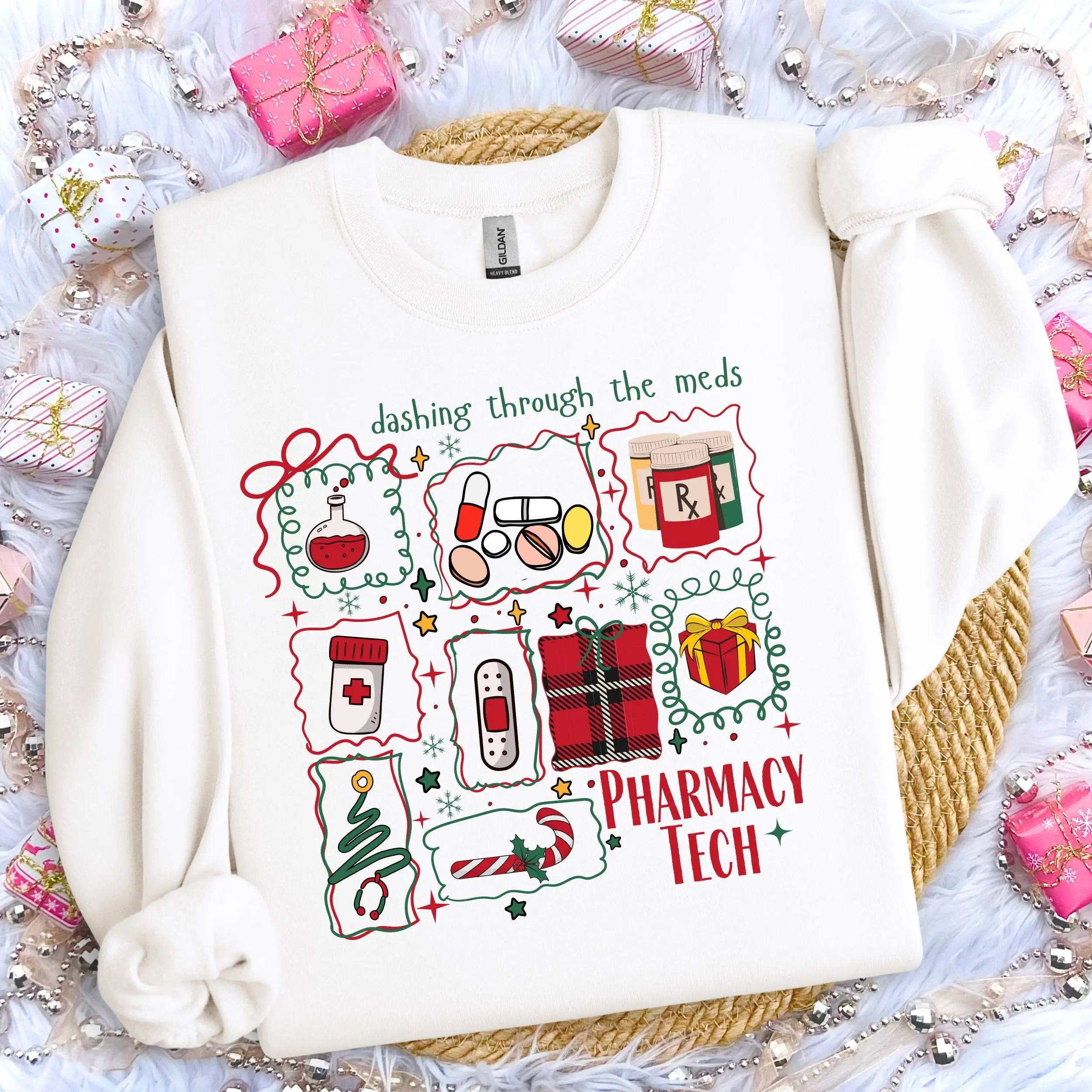 Christmas Pharmacy Tech coquette Cute Nurse Medical Doodles Shirt Merry Pharm Tech Crewneck Holidays Festive Bows Xmas Med Tech Christmas