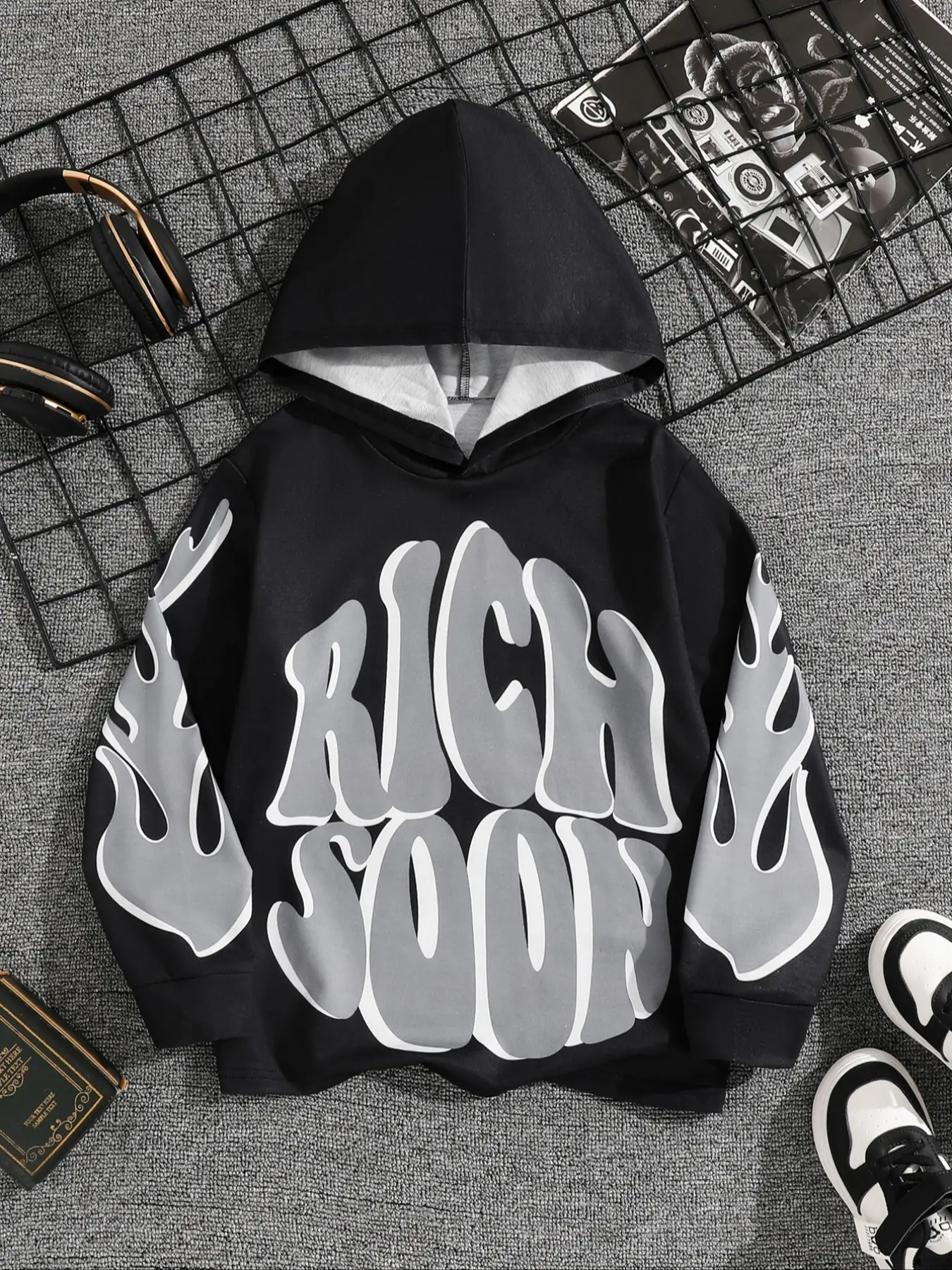 Boys Casual Outdoor Stylish Richsoon Flame Graphic Hoodie, Trendy Print Pullover for Autumn & Winter, Versatile Youth Sweatshirt, Fashion Casual Sweat