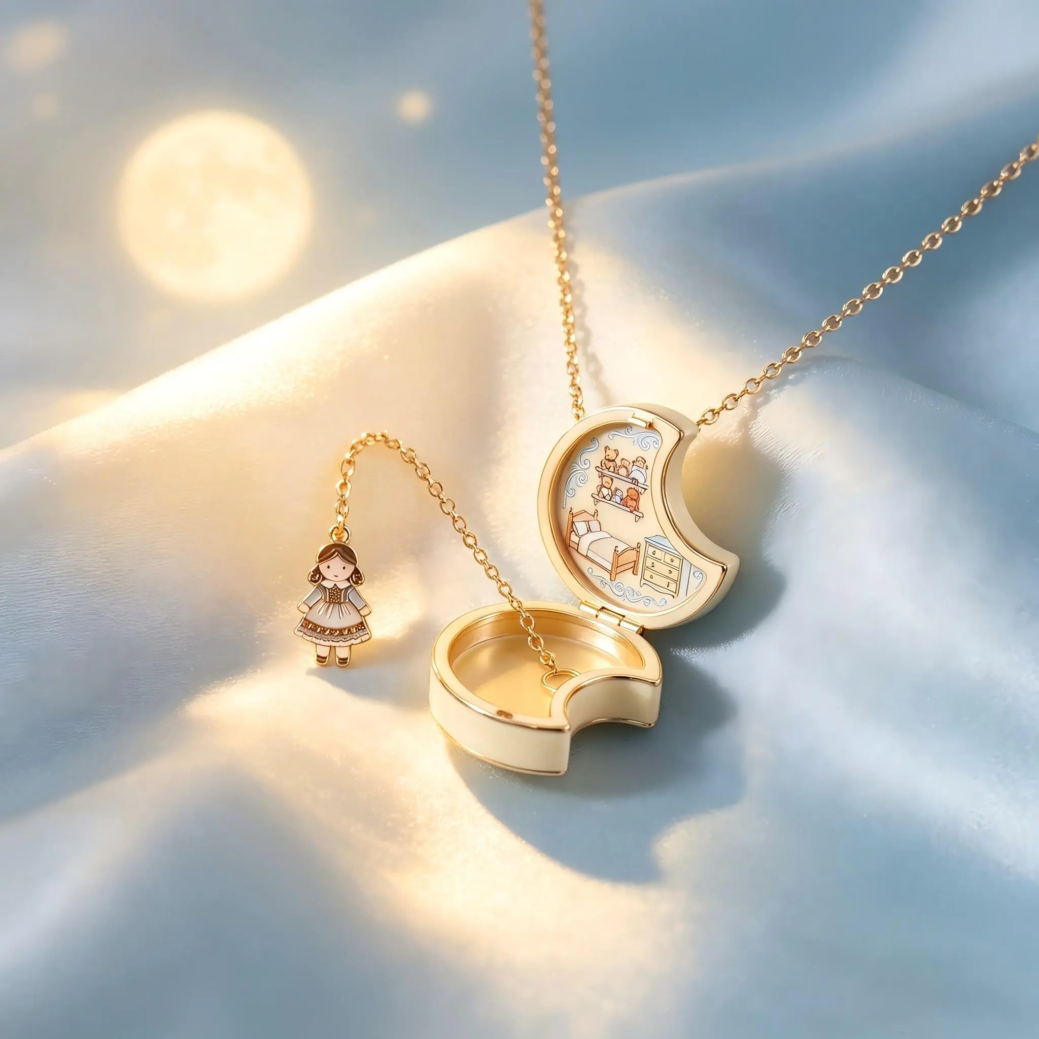 Gold Crescent Moon Locket Necklace for Women, Cute Enamel Pendant with Hidden Miniature World, Whimsical Jewelry Gift for Birthday Christmas