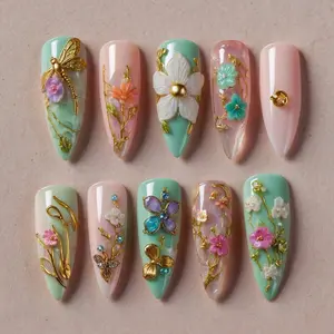 032-Press On Nails with Dragonfly & Pink Flower 3D Nature-Inspired Fake Nails Long Almond Handmade Spring Nail Art for Holiday Birthday Premium Handmade Design 3D Floral Art with Gold Accents Gemstones Delicate Embellishments