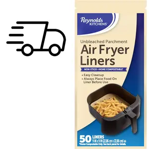 50 Count Reynolds Air Fryer Liners, Nonstick & Oil-Resistant Parchment Paper Sheets for Easy Cleanup