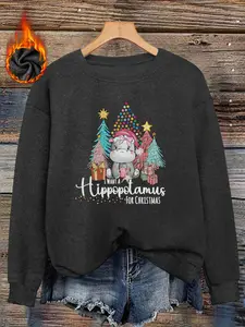 Women's Christmas Hamster Print Sweater, Long Sleeve Round Neck Pullover, Soft Elastic Fabric, Casual Fall & Winter Top