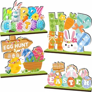 4pcs Bohemian Easter Table Centerpiece with Bunny & Happy Easter Sign, Artificial Table Decor for Easter Egg Hunt & Spring Birthdays, Multi-Year Use for Elegant Table Settings