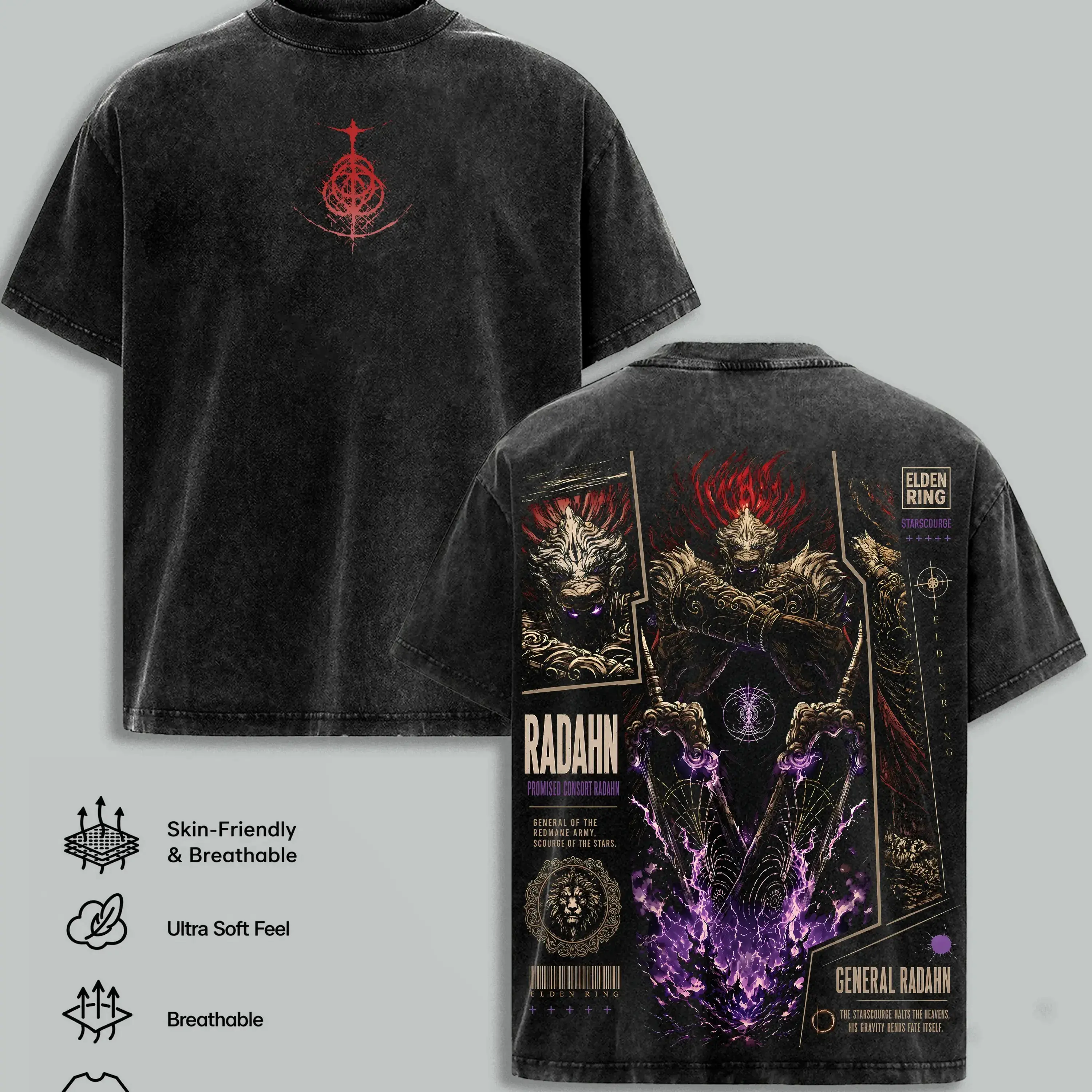 Men's Oversized Vintage Washed Heavyweight Cotton Round Neck Short Tops - 5 Elden Ring Prints (Ranni, Malenia, Radahn, Maliketh) Dark Fantasy Soulslike RPG Streetwear, FromSoftware Gamer Merch Gift for Fans, Menswear
