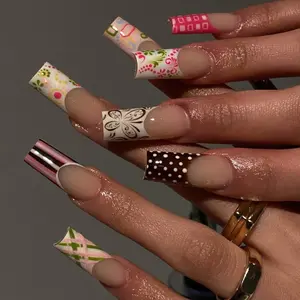 Retro Bloom Patchwork Press On Nails | Colorful Mix & Match French Tips | Vintage Patterned Square Nails | 70s Inspired Nail Art