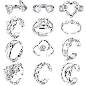 Cassieca  12 Count Stainless Steel Rings for Women Aesthetic Jewelry Rings Adjustable Open Stackable Rings Trendy Knuckle Thumb Finger Rings Size 6-9 Indie Rings Daily