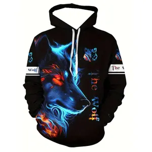 3D Men's Long Sleeve Wolf Casual Hoodie, with Drawstring Pockets, Fashion Pattern Hooded Jacket Sweatshirt, Fashionable Sweatshirt Casual Daily Wear Spring and Autumn Top