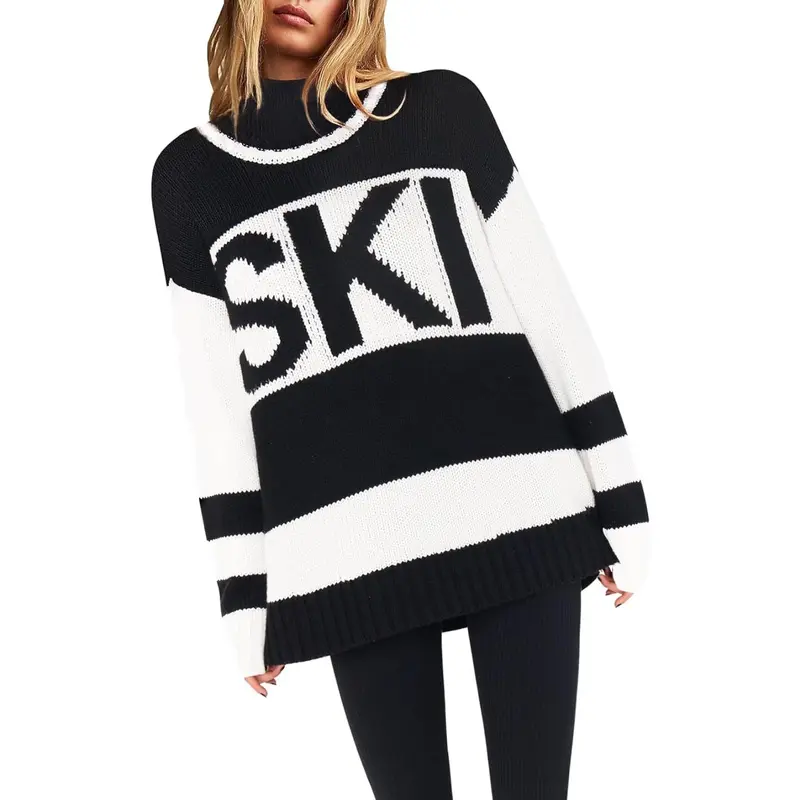 Yousify Women's Oversized Color Block Knit Sweater - 2024 Fall-Winter Lady's Style, Crewneck-Mock Turtleneck Neck Top, Loose Long Sleeve, Comfortable Ski Outfits Inspo, S-2XL Casual Fashion Tops