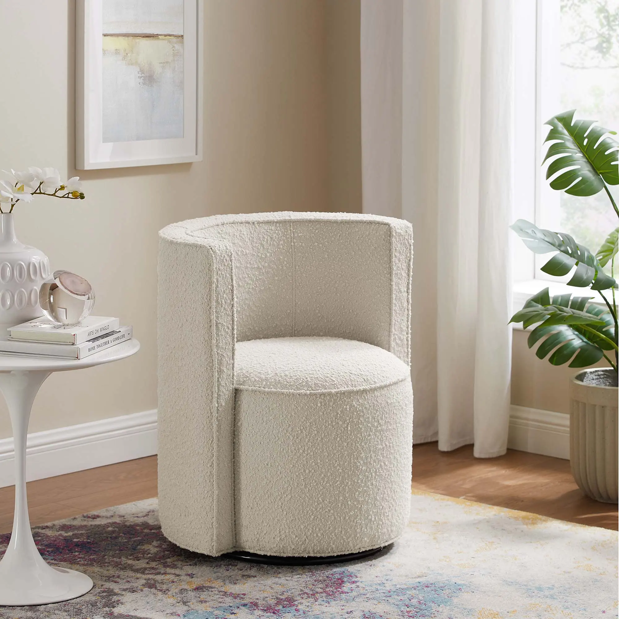 Modway Della Boucle Upholstered Swivel Accent Chair - Ivory Fabric Armchair, Modern Indoor Furniture Piece, Boucle Upholstered Chairs
