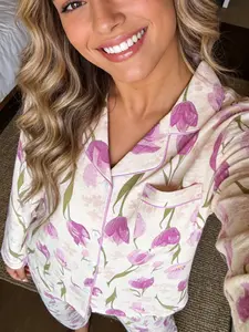 Spring Autumn Cool Style Sleepwear for Women, Tulip Flower Printed Cardigan, Long Sleeve Ankle Length, Breathable Skin-Friendly Home Wear