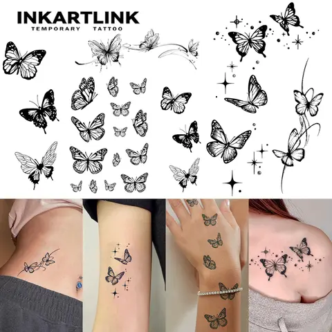 INKARTLINK 2-Sheet Variety Temporary Tattoo Stickers, Waterproof Ready-to-Go DIY Tattoos for Women, Butterfly Designs, All Skin Types Compatible Back & Body Use