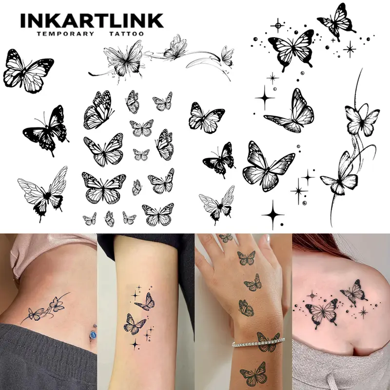 INKARTLINK 2-Sheet Variety Temporary Tattoo Stickers, Waterproof Ready-to-Go DIY Tattoos for Women, Butterfly Designs, All Skin Types Compatible Back & Body Use