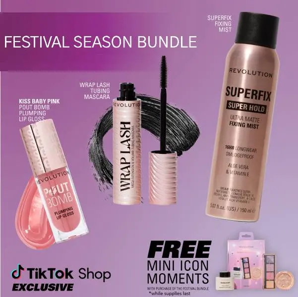Revolution Festival Season Bundle: includes the Pout Bomb Plumping Gloss, Wrap Lash Tubing Mascara, & Superfix Misting Setting Spray