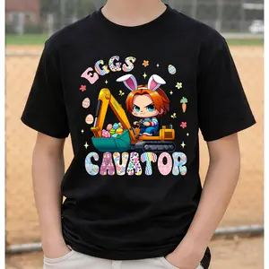 100% Cotton Chucky Egg Excavator Easter Bunny Grpahic T-Shirt for Youth Adults, Teens Horror Movie Character Bunny Easter Tee, Funny Easter Gift