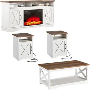 AMERLIFE 5-Piece Farmhouse Table Set Include 63" TV Stand with 26" Fireplace, 40" Coffee Table, 2 End Tables with Charging Station & USB Ports, Living Room Table Sets with Barn Door, Rustic Oak&White