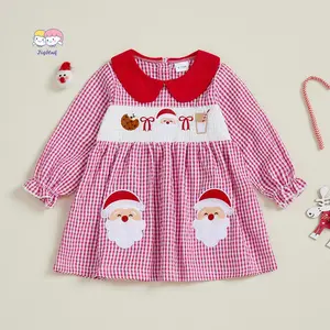 Toddler Baby Girls Plaid Dress Christmas Doll Collar Santa Embroidery Long Bubble Sleeve Dress