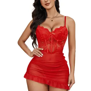 Avidlove Lace Sleepwear for Women Ruffle Hem Hip Dress Bra with Underwire Chemise Push Up Nightgown Floral Elegance Adjustable Straps ,Thin, suitable for slim body types，100% Polyester.