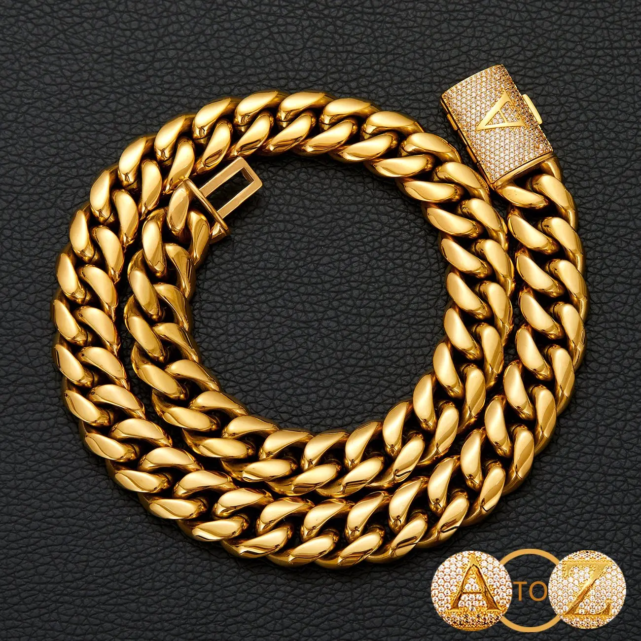 Mens Gold plated cuban link chain 14mm width letter cubia zirconia buckle stainless steel necklace bracelet