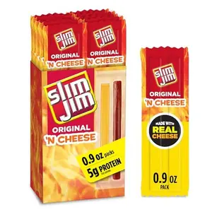 Slim Jim Beef 'N Cheese Smoked Meat Sticks, Original Flavor, 5g Protein Per Serving, Snack Size, Camping Snack, 0.9 oz. (10 Count)