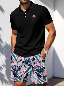 Men's Two-Piece Set, Tropical Palm Print Polo Shirt and Shorts, Casual Short Sleeve Summer Vacation Style, Hawaii Beach Sports, Hawaiian