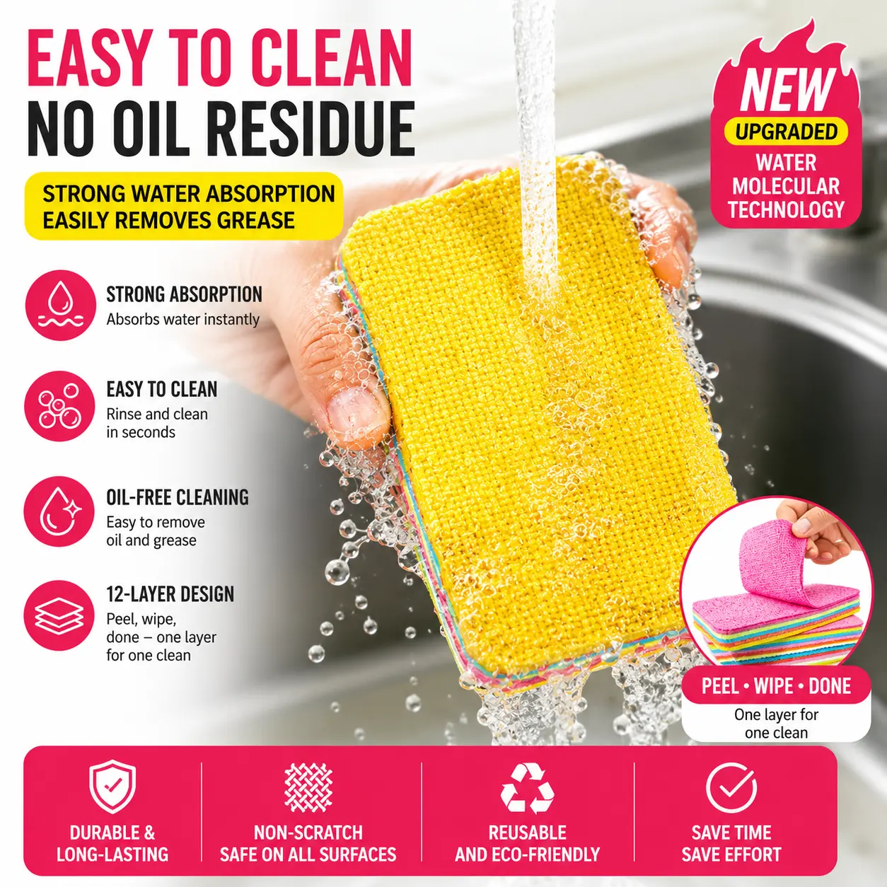 12-Layer Peel-Off Kitchen Cleaning Cloth | Super Absorbent Reusable Dish Cloth for Kitchen, Sink & Countertops