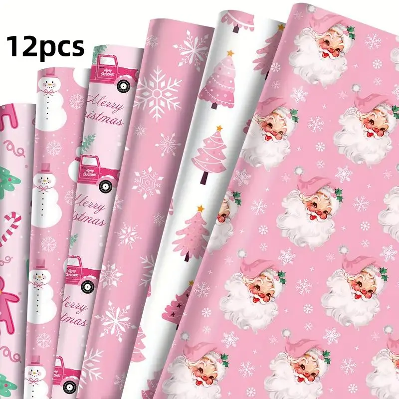 12-Piece Christmas Gift Wrapping Paper Set, Reindeer & Snowflake Theme Party Decorations, Perfect Holiday Present Choice