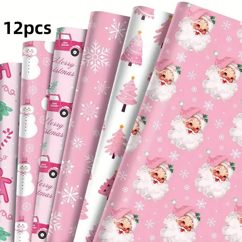 Christmas Theme Gift Wrapping Paper, 12pcs/set Snowman & Reindeer Pattern Gift Wrapping Paper, Gift Packaging Supplies for Holiday Party Birthday