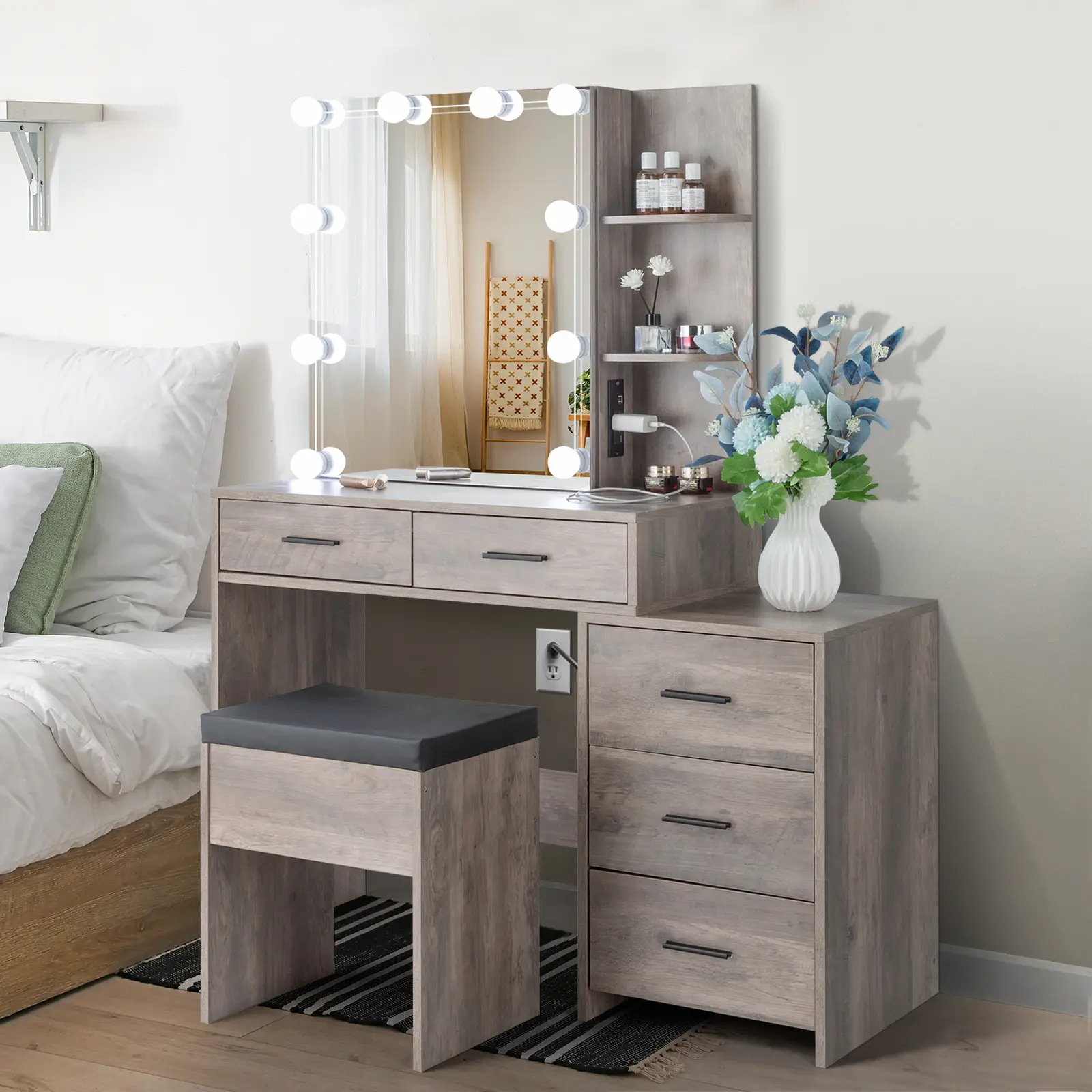 Particleboard Triamine Veneer 5 Pumps 2 Shelves Mirror Cabinet Three Dimming Light Bulb Dressing Table Set Grey