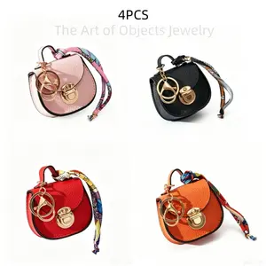 4PCS Mini Scarf Saddle Bag Charm Keychain, Chic Coin Purse & Earbud Storage Pouch Women's PVC Waterproof Portable Multi-Function Saddle Bag Keychain