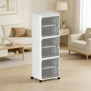 Expanded Bathroom Storage Cabinet, 3-Tier Tall Cabinet Organizer with Wheels, Foldable Plastic Storage Bin for Kitchen, Laundry Room or Home, White