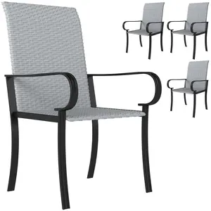 Outsunny Set of 4 Outdoor Wicker Dining Chairs, All-Weather Rattan Armchairs with Armrests, Steel Frame, High Back and Deep Seating, for Garden, Patio, Deck, Yard, Poolside, Gray